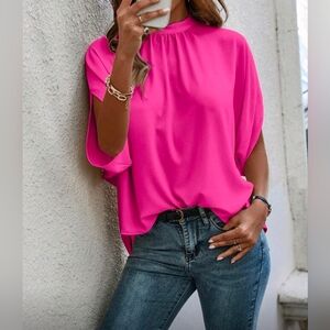 New Luxe Flowy Tie Dolman Sleeve Top Blouse Hot Pink Barbie
